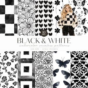 Zwart-witpatroon, naadloos schaakpatroon, hart, vlinder, bloemen, herhalend patroon, achtergrond, digitale download, commercieel gebruik