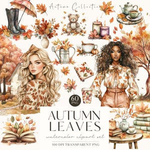 Imágenes prediseñadas de otoño acogedor, gráficos PNG de hojas de otoño en acuarela, follaje, ilustración de niña acogedora, calabaza, hoja, pegatinas digitales, uso comercial