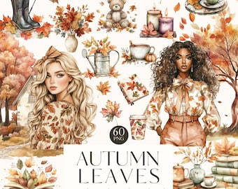 Può includere: Un set di clipart ad acquerello con foglie autunnali, una donna con lunghi capelli biondi, una donna con capelli castani ricci, un orsacchiotto, un annaffiatoio, un libro, una tazza di tè, una teiera, candele, una zucca, una casa e un ombrello. Il testo "Autumn Leaves watercolor clipart set 300 DPI TRANSPARENT PNG" è nella parte inferiore dell'immagine.