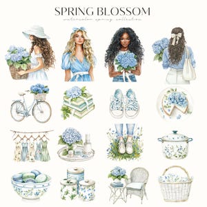 May include: Watercolor illustrations of spring-themed items, including a bicycle with a basket of blue flowers, a stack of books with blue flowers, a pair of sneakers, a plate with a slice of pie and blue flowers, a pot with blue flowers, a set of blue and white floral patterned canisters, a bowl with blue flowers and macarons, a chair with a blue flower arrangement, a basket with blue flowers, and a set of clothing hanging on a clothesline.