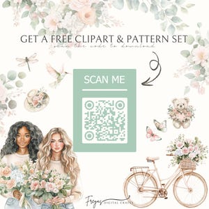 Puede incluir: Ilustraci&oacute;n digital con elementos florales, una bicicleta y un oso de peluche. La imagen incluye un c&oacute;digo QR con el texto "SCAN ME" y las palabras "GET A FREE CLIPART & PATTERN SET". La obra presenta dos mujeres y colores pastel.