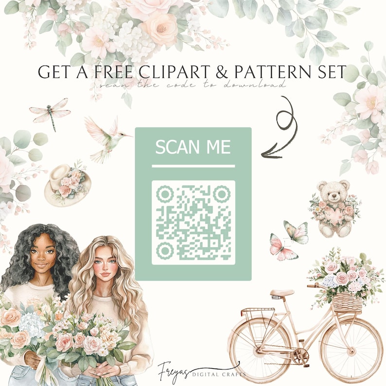Puede incluir: Ilustraci&oacute;n digital con elementos florales, una bicicleta y un oso de peluche. La imagen incluye un c&oacute;digo QR con el texto "SCAN ME" y las palabras "GET A FREE CLIPART & PATTERN SET". La obra presenta dos mujeres y colores pastel.