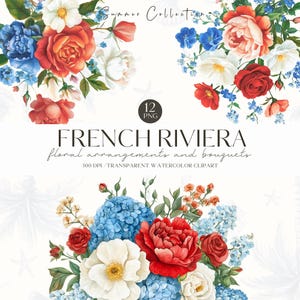 Clipart floral de verão em aquarela, buquê mediterrâneo, rosas, vermelho, azul, convite de casamento, adesivos digitais, scrapbooking, uso comercial
