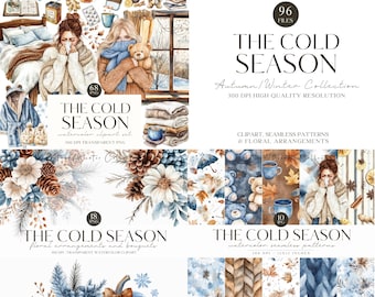 May include: A digital art collection named "The Cold Season" with watercolor clipart, seamless patterns, and floral arrangements. The collection includes illustrations of cozy winter scenes, with text that reads "Autumn/Winter Collection".