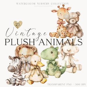 Paquete de imágenes prediseñadas de animales de felpa de acuarela, imágenes prediseñadas de babyshower, decoración PNG de guardería, decoración animada de animales de bebé, vintage, boho, descarga instantánea
