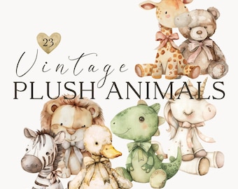 Watercolor Plush Animals Clipart Bundle, Babyshower Clipart, Nursery PNG Decor, Animated Baby Animal Decor, Vintage, Boho, Instant Download