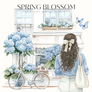 May include: A watercolor illustration of a woman with long brown hair wearing a light blue shirt and white pants. She is standing in front of a white building with a blue awning and a bicycle. There are blue hydrangeas in flower pots and a window box. The text "SPRING BLOSSOM watercolor spring collection" is at the top of the image.