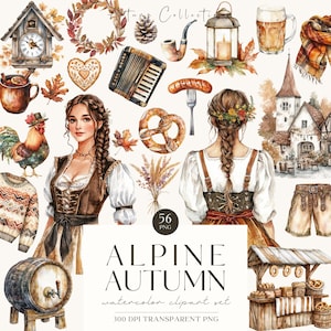 May include: A watercolor clipart set featuring 56 images of alpine autumn elements. The set includes images of women in traditional clothing, a rooster, a pretzel, a lantern, a beer stein, a cuckoo clock, a sausage, a musical instrument, a wooden market stall, and more.