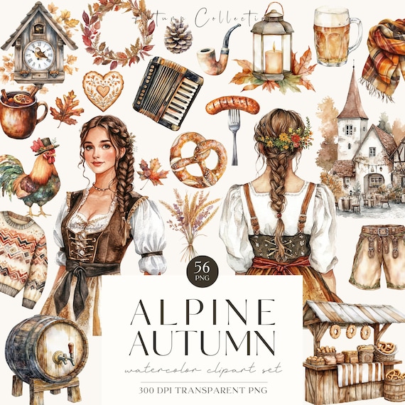 Octoberfest Clipart, Cozy Autumn, Watercolor Fall Clipart, Mountain Fall PNG Graphics, Cozy Girl, Pumpkin, Cottagecore, Commercial Use