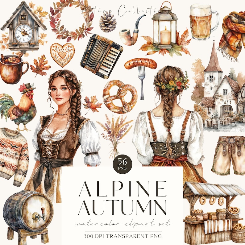 May include: A watercolor clipart set featuring 56 images of alpine autumn elements. The set includes images of women in traditional clothing, a rooster, a pretzel, a lantern, a beer stein, a cuckoo clock, a sausage, a musical instrument, a wooden market stall, and more.