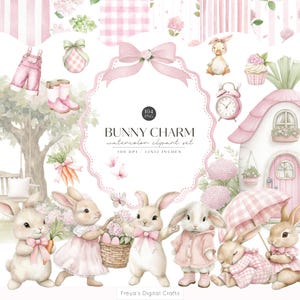 May include: Watercolor clipart set titled "Bunny Charm" featuring various pink and white elements. Includes bunnies, a house, an alarm clock, and other accessories. The text indicates 104 PNG files at 300 DPI and 12x12 inches.