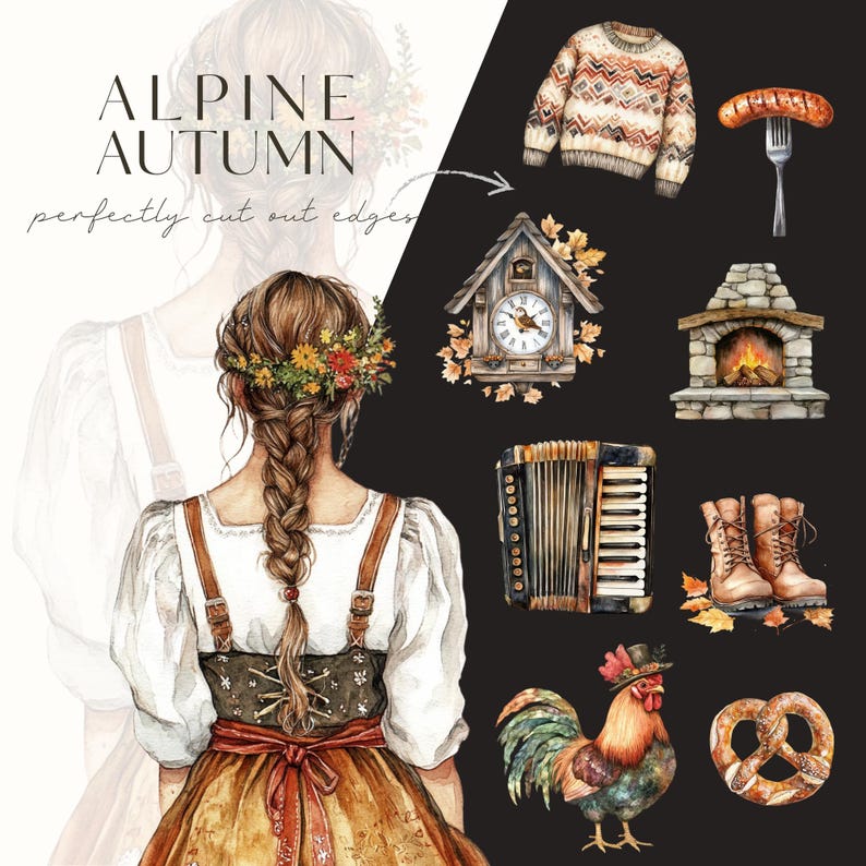 May include: A watercolor illustration of an Alpine Autumn theme with a woman in traditional clothing, a cuckoo clock, a fireplace, a rooster, a pretzel, a sweater, a sausage, a pair of boots, and an accordion.