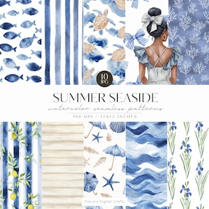 May include: A set of watercolour seamless patterns with a summer seaside theme. The patterns feature fish, stripes, turtles, bows, and floral designs in blue and white. The text "Summer Seaside" and "30.48 x 30.48 cm" are visible.