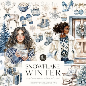 Gemütlicher Winter Clipart, PNG Bündel Schneeflocke, Aquarell Bluey Clipart, Blaue Weihnachten PNG, Cottagecore, digitale Aufkleber, Scrapbooking
