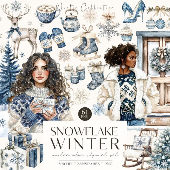 Cozy Winter Clipart, Snowflake PNG Bundle, Watercolor Bluey Clipart, Blue Christmas Cuteness PNG, Cottagecore, Digital Stickers,Scrapbooking