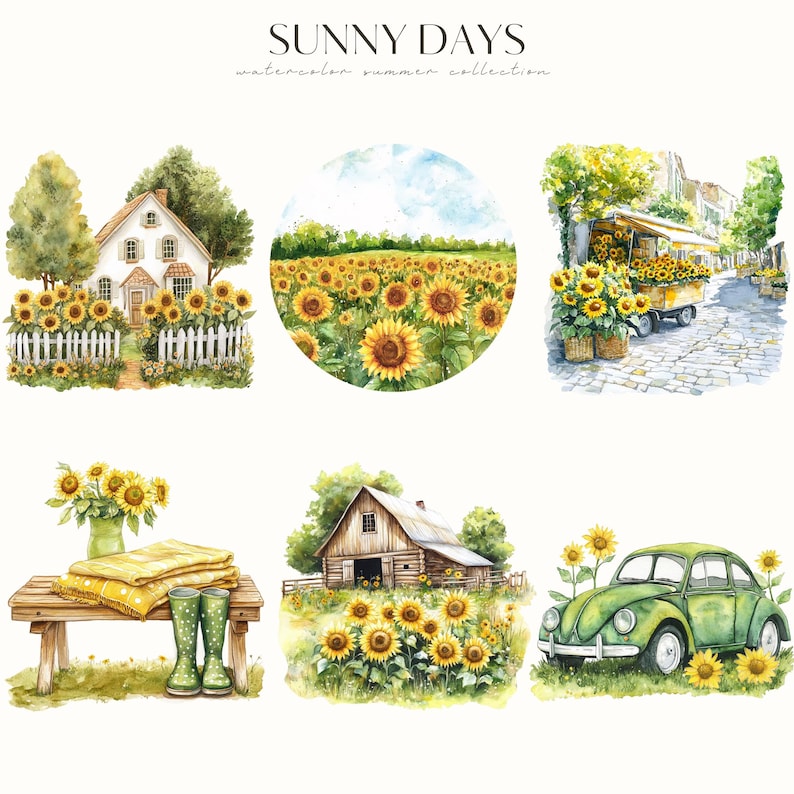 May include: A watercolor illustration set featuring six scenes with sunflowers, a white house, a barn, a green car, a sunflower stand, and a bench with a blanket and boots. The illustrations are part of a collection called "Sunny Days Watercolor Summer Collection."
