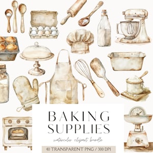 Fournitures de pâtisserie ClipArt, aquarelle cuisson PNG Bundle, boulangerie, logo, cuire au four cuisine autocollants numériques Scrapbook licence commerciale Junk Journal