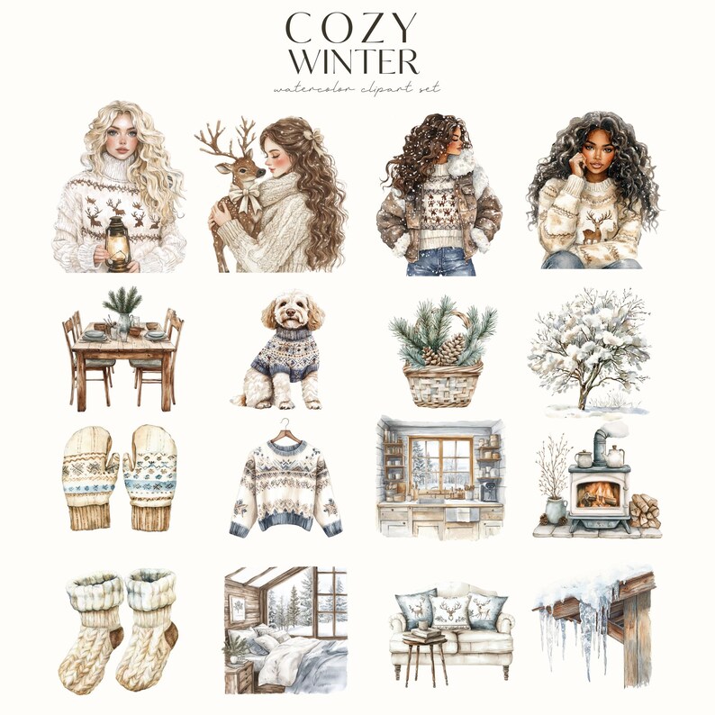 May include: A watercolor clipart set with a cozy winter theme. The set includes illustrations of people, animals, clothing, furniture, and winter scenery. The illustrations are in a soft, muted color palette and feature a variety of textures.