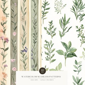 May include: A set of 10 watercolor seamless patterns featuring green foliage and flowers. The patterns are 12x12 inches and 300 DPI.