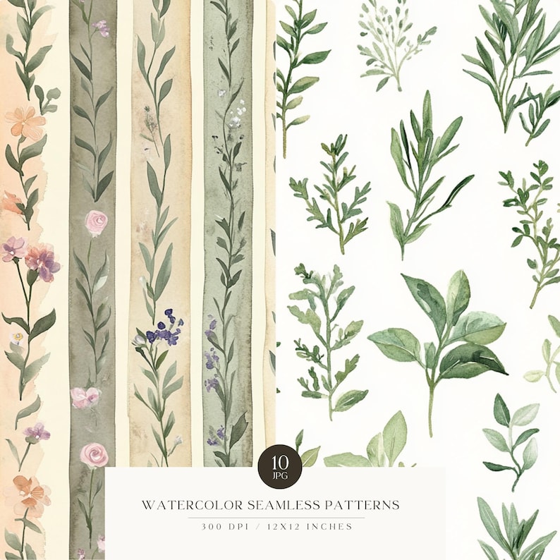May include: A set of 10 watercolor seamless patterns featuring green foliage and flowers. The patterns are 12x12 inches and 300 DPI.