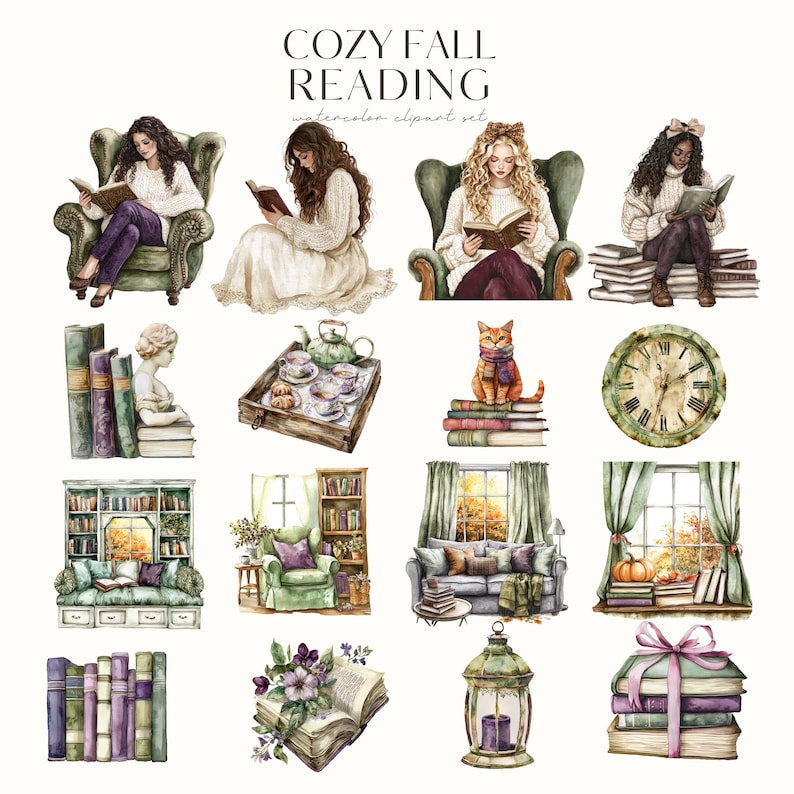 Op de afbeelding: Waterverf clipart set met knusse herfstsferen om te lezen.  Bevat illustraties van vrouwen die boeken lezen in fauteuils, een kat die een boek leest, een theepot en theekopjes op een dienblad, een klok, stapels boeken, een boekenkast, een raam met herfstbladeren en een lantaarn.