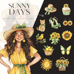 May include: A watercolor illustration of a woman wearing a yellow dress and a straw hat with a green bow. She is surrounded by various summer-themed elements, including sunflowers, lemons, a butterfly, a cat, a bird, and a cupcake.