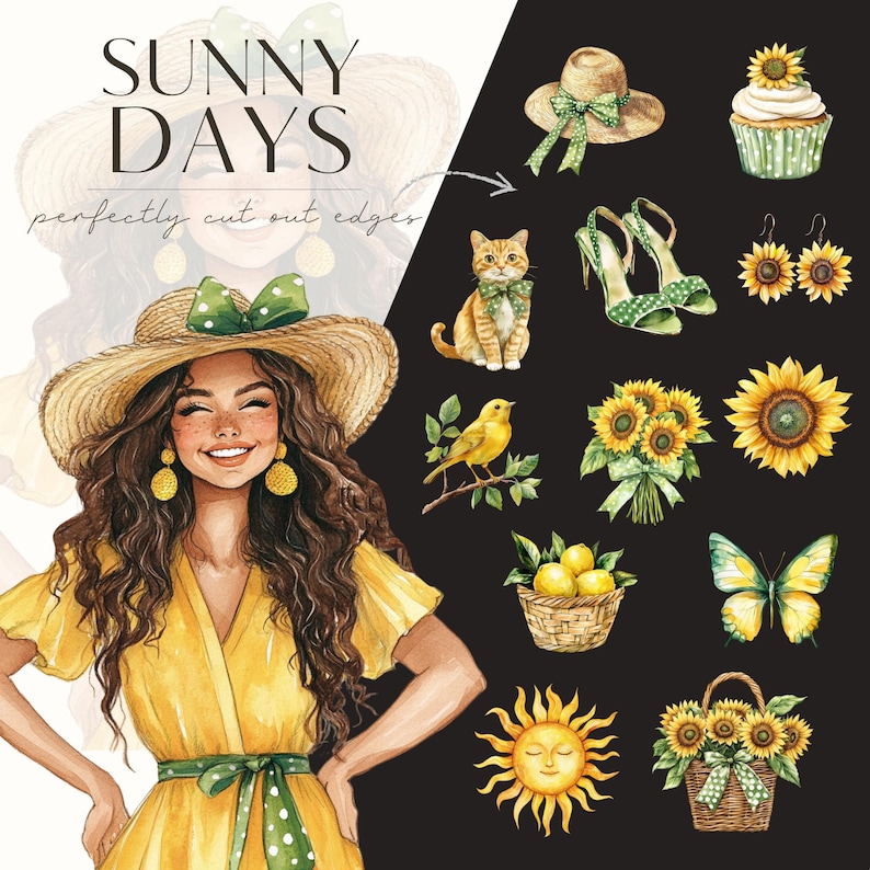 May include: A watercolor illustration of a woman wearing a yellow dress and a straw hat with a green bow. She is surrounded by various summer-themed elements, including sunflowers, lemons, a butterfly, a cat, a bird, and a cupcake.