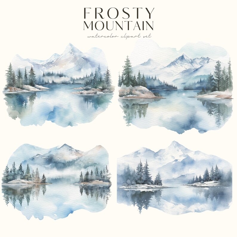 Watercolor Winter Mountain Clipart-Mountain Clipart PNG-Peaceful Mountain-Winter Landscape-Bluey Mountain Art-Commercial Use-Scrapbooking image 4