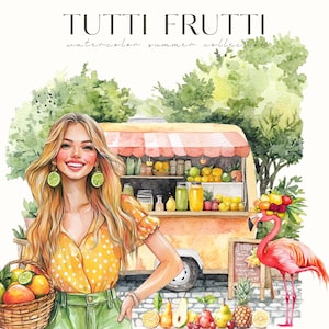Puede incluir: Ilustraci&oacute;n en acuarela con el texto "TUTTI FRUTTI" y "watercolor summer collection". Una mujer con cabello rubio largo y aretes de lima sostiene una canasta de frutas. Un flamenco con un tocado de frutas est&aacute; cerca de un puesto de frutas.