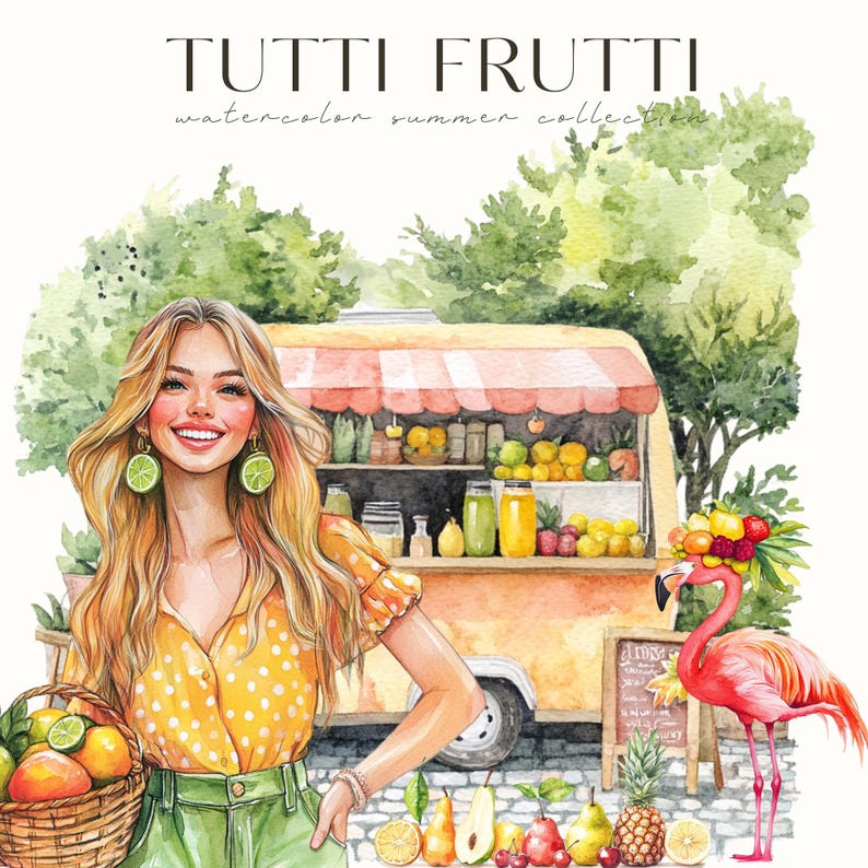 Puede incluir: Ilustraci&oacute;n en acuarela con el texto "TUTTI FRUTTI" y "watercolor summer collection". Una mujer con cabello rubio largo y aretes de lima sostiene una canasta de frutas. Un flamenco con un tocado de frutas est&aacute; cerca de un puesto de frutas.