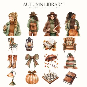 May include: Watercolor illustration of an "Autumn Library" theme. The image features women, books, a chair, a lantern, boots, a bow, an umbrella, a pumpkin, a chess set, and a leather-bound journal. The color palette includes shades of brown, green, and orange.