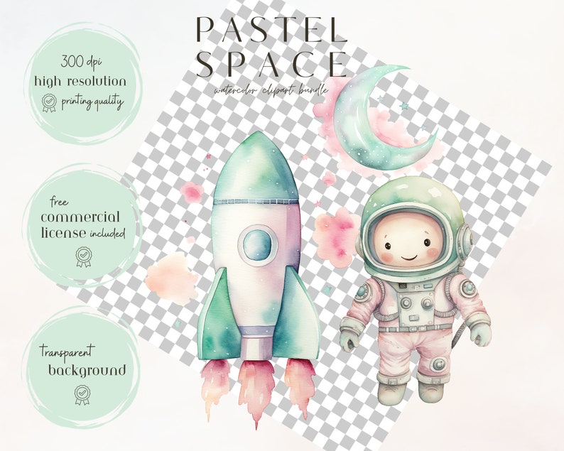 Watercolor Cute Space Clipart Bundle, Pastel Girl Astronaut Nursery ...