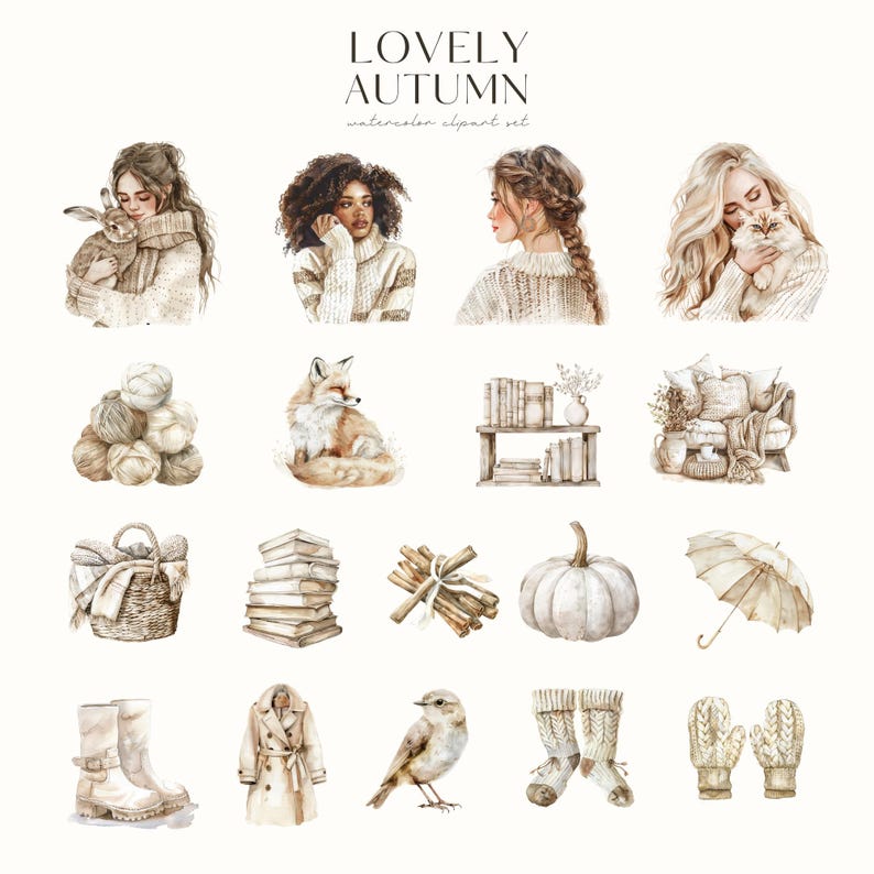 Puede incluir: Conjunto de im&aacute;genes predise&ntilde;adas de acuarela con un tema de oto&ntilde;o encantador. La imagen presenta ilustraciones de mujeres, animales y elementos acogedores como su&eacute;teres, libros y una calabaza. El texto "LOVELY AUTUMN" est&aacute; en la parte superior.