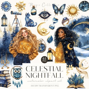Celestial Magic-illustraties, aquarel mystieke clipart, zon, ster, maan, png, heidense digitale download, digitale stickers, commercieel gebruik
