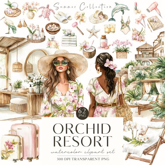Watercolor Summer Vacation Clip Art, Orchid Clipart, Spa Resort PNG, Travel, Summer Vibes, Digital Stickers, Scrapbooking, Commercial Use