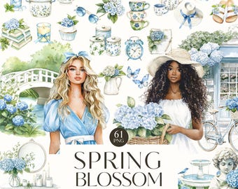 Spring Clipart, Springtime Scenes, Watercolor Floral Spring, Spring Season Illustration, Hydrangea, Digital Stickers, Scrabook, Commercial