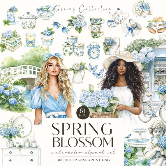 Spring Clipart, Springtime Scenes, Watercolor Floral Spring, Spring Season Illustration, Hydrangea, Digital Stickers, Scrabook, Commercial