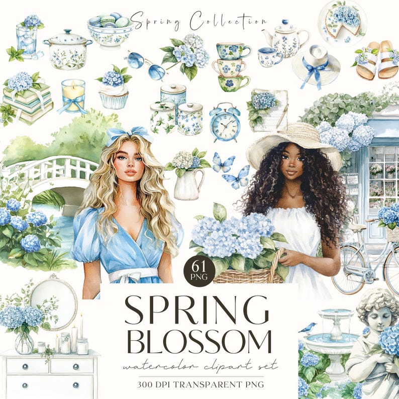 May include: A watercolor clipart set featuring 61 spring-themed illustrations. The set includes images of flowers, butterflies, a bridge, a bicycle, a fountain, a woman in a blue dress, a woman in a white dress, a teapot, cups, a clock, a basket, a mirror, a dresser, and more. The set is perfect for creating invitations, cards, scrapbook pages, and other craft projects.