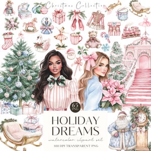 May include: Watercolor clipart set titled "Holiday Dreams" featuring Christmas-themed illustrations. The image includes a Christmas tree, gifts, Santa Claus, and two women. The set includes 65 PNG images with a transparent background.