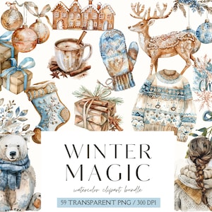 Paquete de imágenes prediseñadas de invierno acogedor, invierno acogedor de acuarela, imágenes prediseñadas PNG de Navidad azul, Navidad boho, álbum de recortes, diario, pegatinas digitales