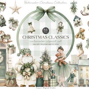 Puede incluir: Conjunto de imágenes prediseñadas navideñas en acuarela con elementos festivos como Papá Noel, osos de peluche y una bailarina, todo en una suave combinación de colores verde y blanco. Incluye un árbol de Navidad, regalos y detalles decorativos. El texto dice "Christmas Classics".