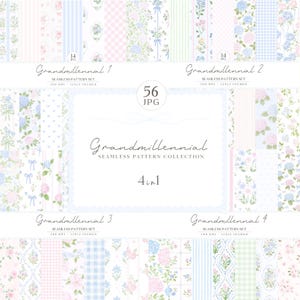 May include: A collection of seamless patterns in pastel colors, including floral, striped, and gingham designs. The patterns are arranged in a grid, with the text "Grandmillennial" and "Seamless Pattern Collection" displayed prominently. Each pattern set is 12x12 inches.