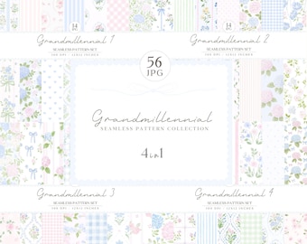 Watercolor Grandmillennial Seamless Patterns, Pastel Floral JPEG, Stripes, Plaid, Digital Repeating pattern, Scrapbooking Paper