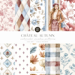 Può includere: Una collezione d'arte digitale intitolata "Château Autumn" con motivi acquerellati senza cuciture. I motivi includono disegni floreali, plaid e forme geometriche nei toni del rosso, blu e marrone. L'immagine include anche un'illustrazione ad acquerello di una donna con cappotto e gonna.