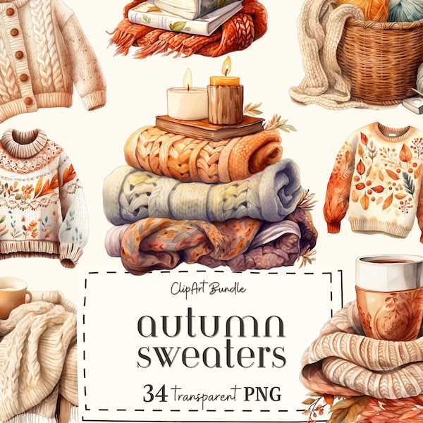 Autumn Sweaters-Watercolor Cozy Autumn Clipart-Sweater Clipart-Books PNG-Autumn Coffee-Fall Clipart-Autumn Graphics-Scrapbooking-Cozy Vibe