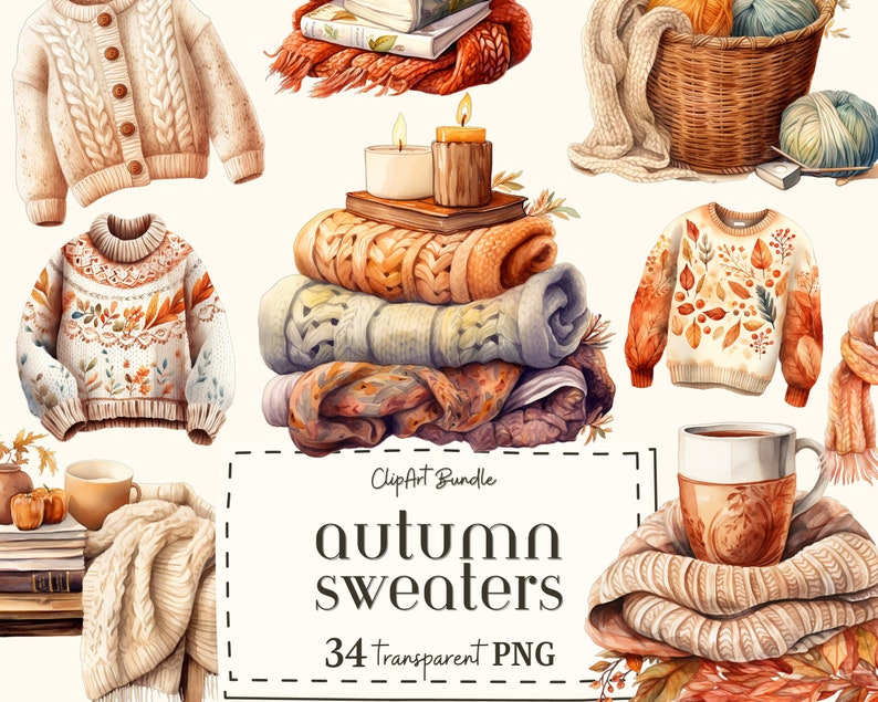 Op de afbeelding: Een digitale clipartbundel met 34 herfsttruien in verschillende stijlen en kleuren. De truien zijn ge&iuml;llustreerd in aquarelstijl en hebben verschillende patronen, waaronder bloemen, geometrisch en kabelbreien. De bundel bevat een verscheidenheid aan truien, waaronder cardigans, pullovers en turtlenecks. De truien zijn perfect om een ​​toets van herfstcharme aan uw ontwerpen toe te voegen.