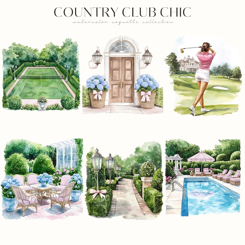 Watercolor Country Club Clipart, Grandmillennial Clipart, Preppy ...