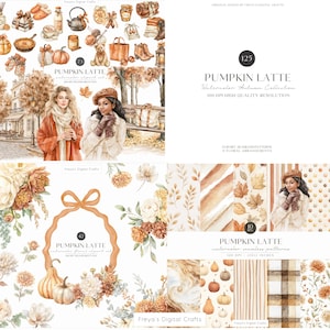 Könnte beinhalten: Eine digitale Kunstsammlung mit Herbstthema. Das Bild zeigt Aquarellillustrationen von Kürbissen, Blumenarrangements und Frauen in Herbstkleidung. Der Text enthält "Pumpkin Latte" und "Watercolor Autumn Collection."