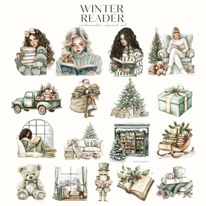 May include: A watercolor clipart set featuring winter-themed illustrations of people reading, a Christmas tree, a gift box, a nutcracker, a teddy bear, and a book. The set includes a variety of colours, including green, red, brown, and white.