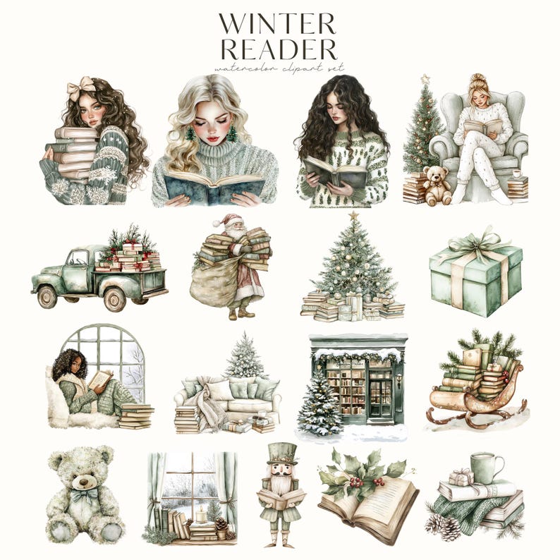 May include: A watercolor clipart set featuring winter-themed illustrations of people reading, a Christmas tree, a gift box, a nutcracker, a teddy bear, and a book. The set includes a variety of colours, including green, red, brown, and white.